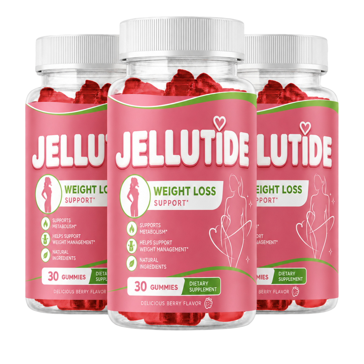Three bottles of JelluTide berry weight support gummies with pink labels